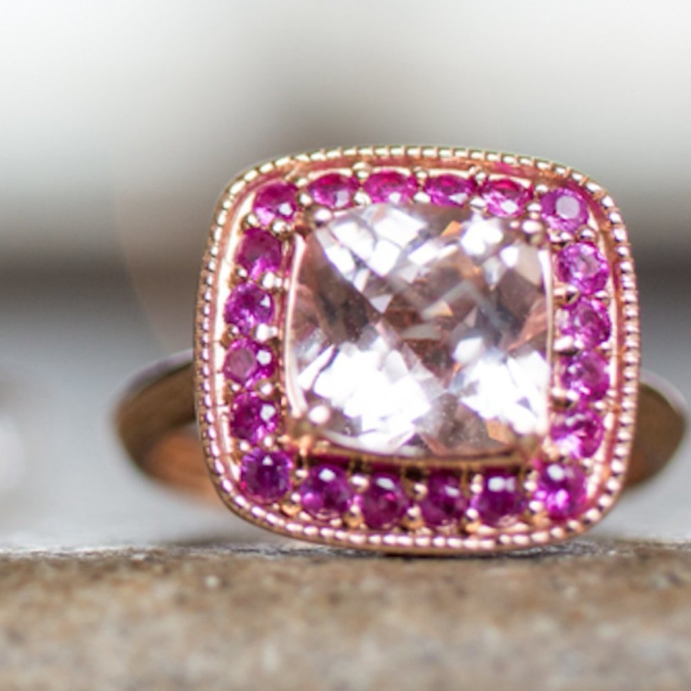 Morganite & Pink Sapphire Engagement Ring w/ Diamond Band 14K Rose Gold SZ 6